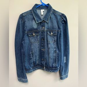 NWOT Elan Delanie Puff Sleeve Distressed Denim Jacket in Dark Blue Size Large